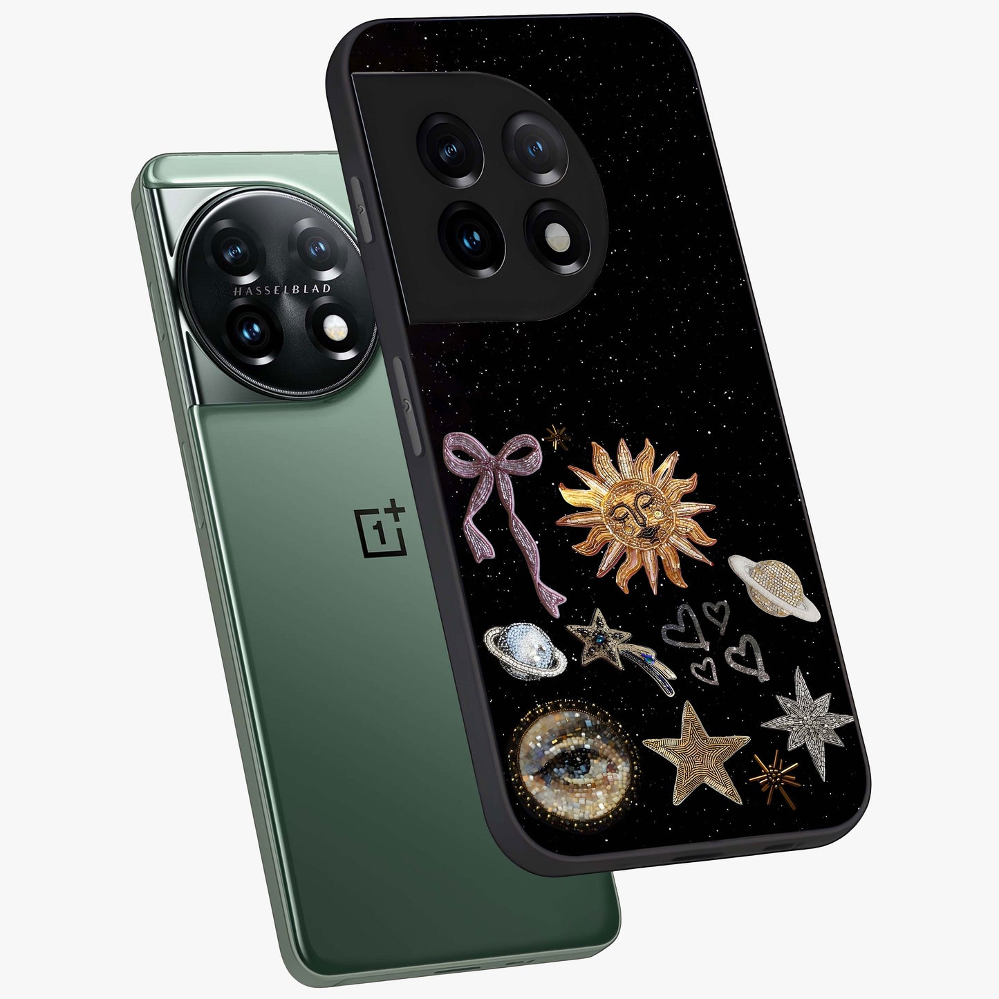 Magical Jewelry Vibe Glass Case for 1+11 angled mockup showcasing glossy finish and sparkling detailing