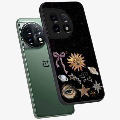 Magical Jewelry Vibe Glass Case for 1+11 angled mockup showcasing glossy finish and sparkling detailing