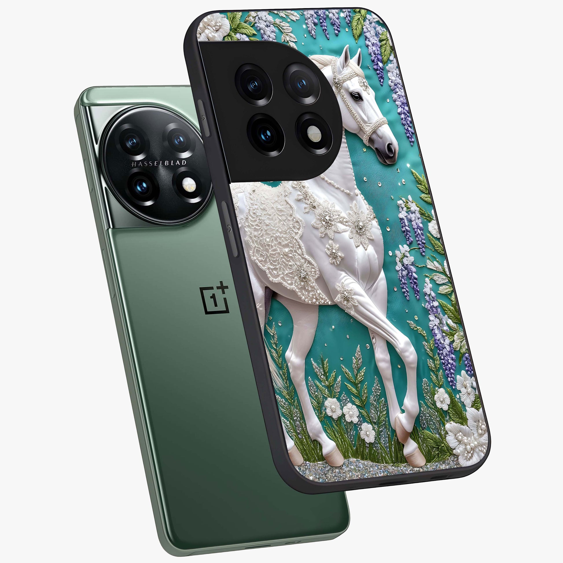 Majestic Floral Stallion Glass Case for 1+11 angled mockup showcasing glossy finish and vibrant artistic tones