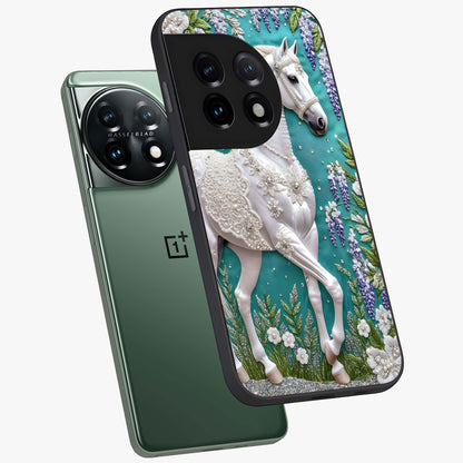 Majestic Floral Stallion Glass Case for 1+11 angled mockup showcasing glossy finish and vibrant artistic tones