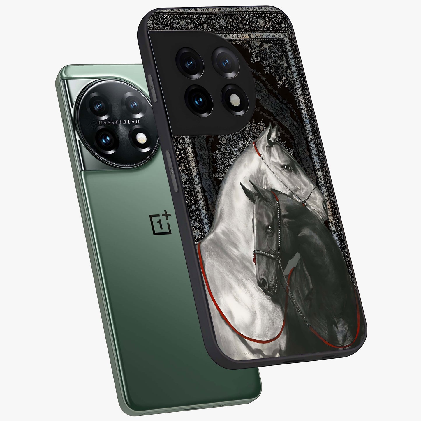 Majestic Ride Legacy Glass Case for 1+11 angled mockup showcasing glossy finish and strong graphic detailing