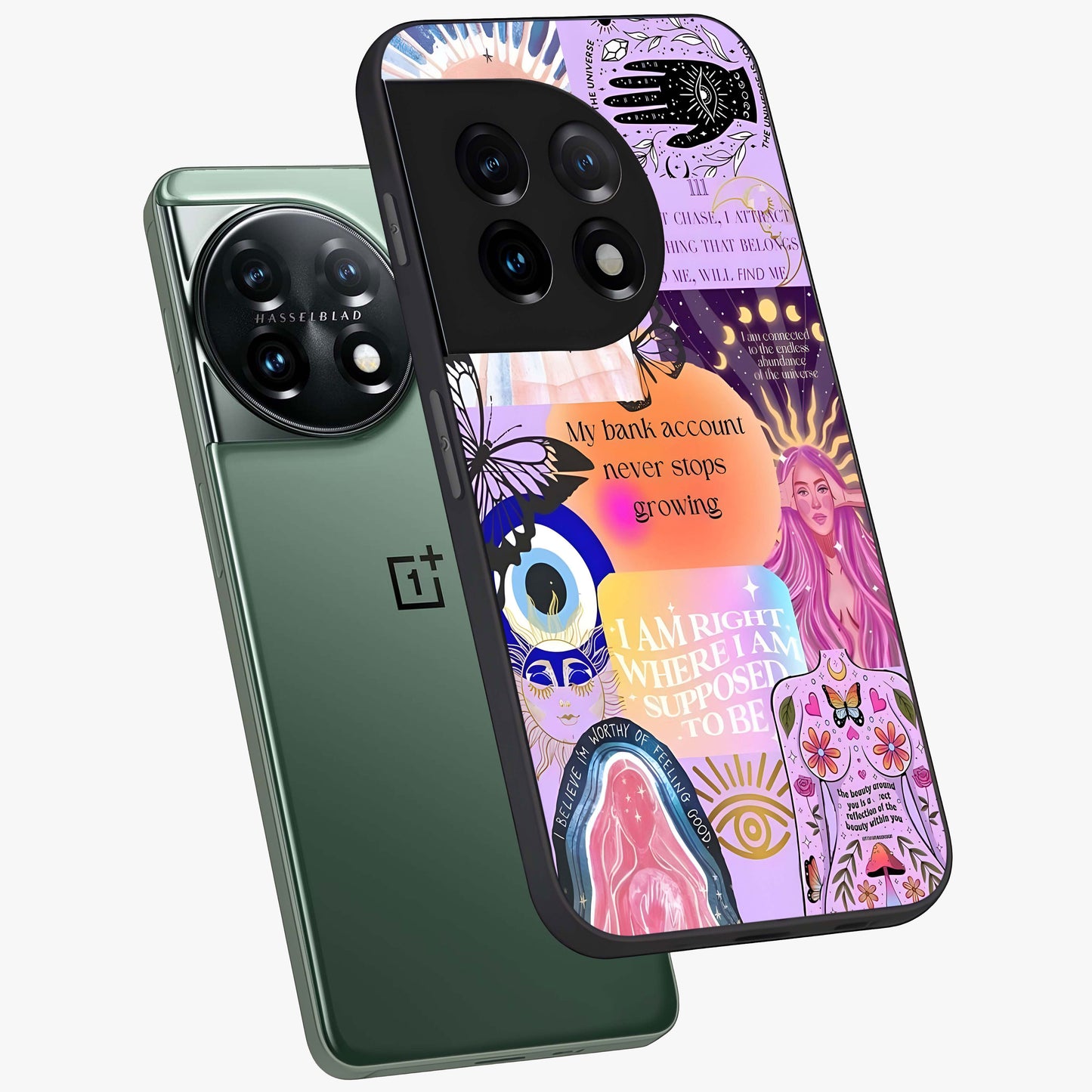 Manifestation Collage Glass Case for 1+11 angled mockup showcasing glossy finish and layered artistic textures