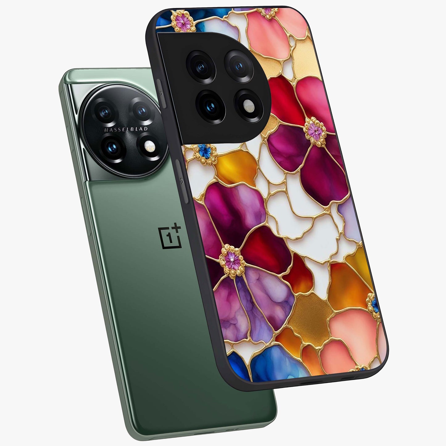 Marble Flower Pattern Glass Case for 1+11 angled mockup showcasing glossy finish and detailed bloom accents