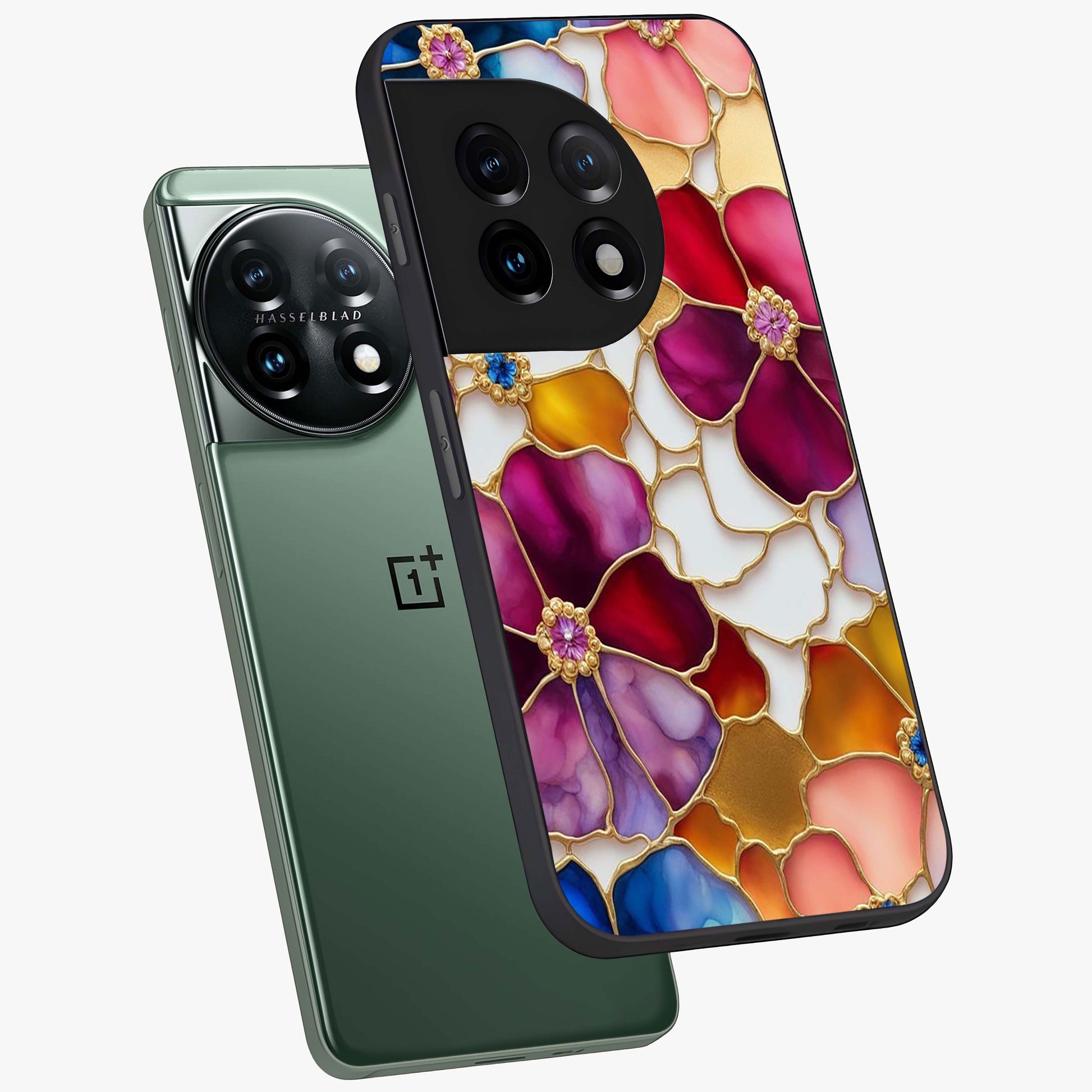 Marble Flower Pattern Glass Case for 1+11 angled mockup showcasing glossy finish and detailed bloom accents