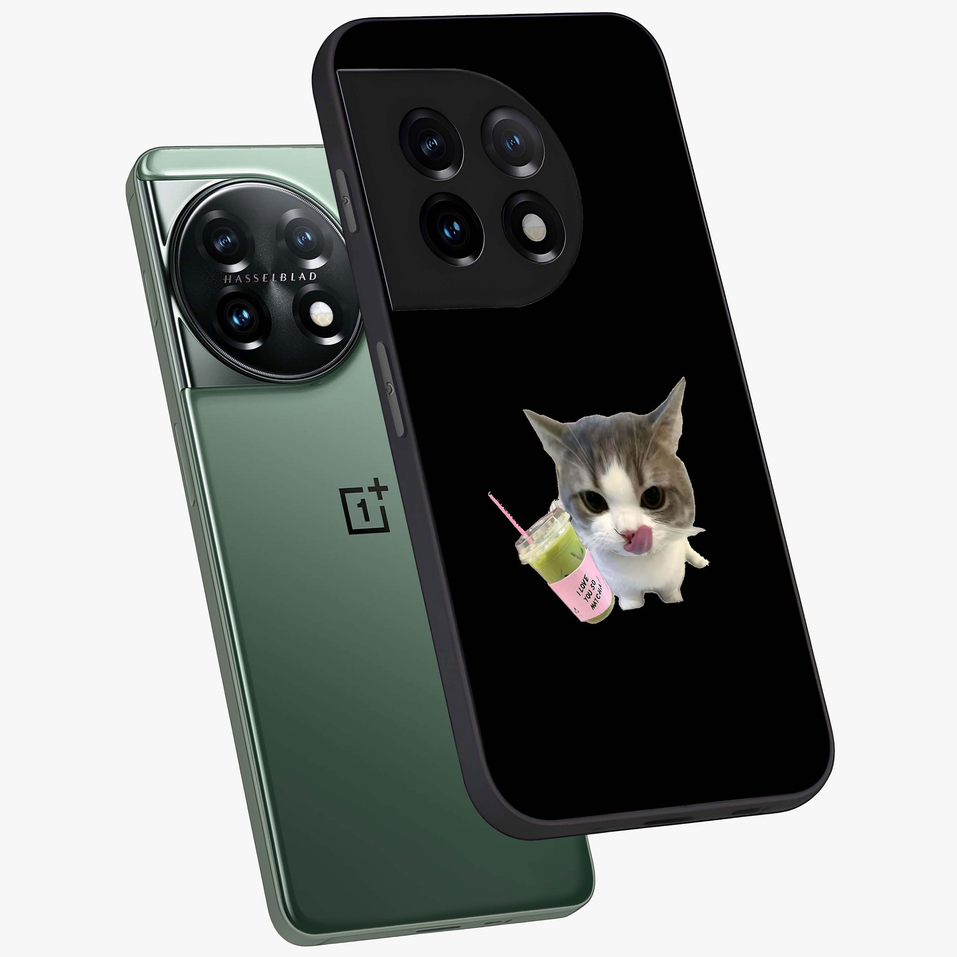 Matcha Cat Style Glass Case for 1+11 angled mockup showcasing glossy glass finish and playful pastel detailing