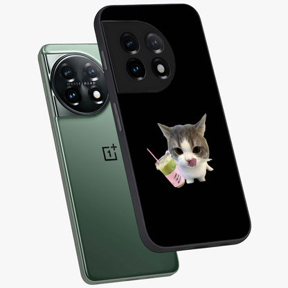 Matcha Cat Style Glass Case for 1+11 angled mockup showcasing glossy glass finish and playful pastel detailing