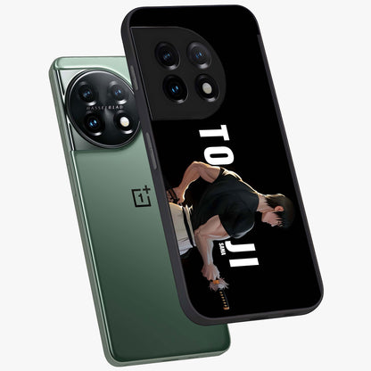 Midnight Blade Resolve Glass Case for 1+11 angled mockup showcasing glossy finish and dramatic midnight detailing