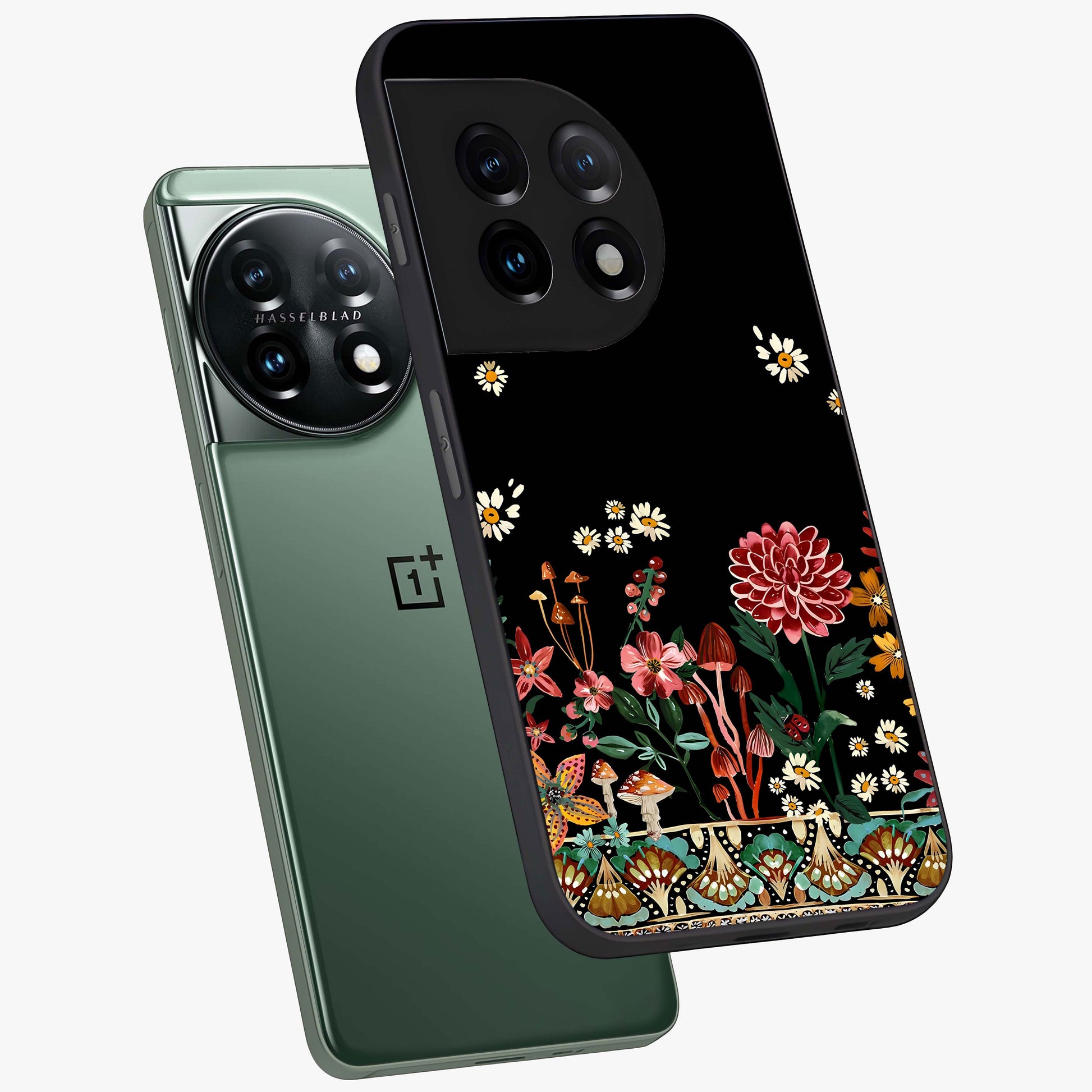 Midnight Bloom Pattern Glass Case for 1+11 angled mockup showcasing glossy finish and rich bloom detailing