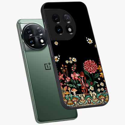 Midnight Bloom Pattern Glass Case for 1+11 angled mockup showcasing glossy finish and rich bloom detailing