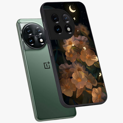Midnight Bloom Trail Glass Case for 1+11 angled mockup showcasing glossy finish and luminous bloom accents