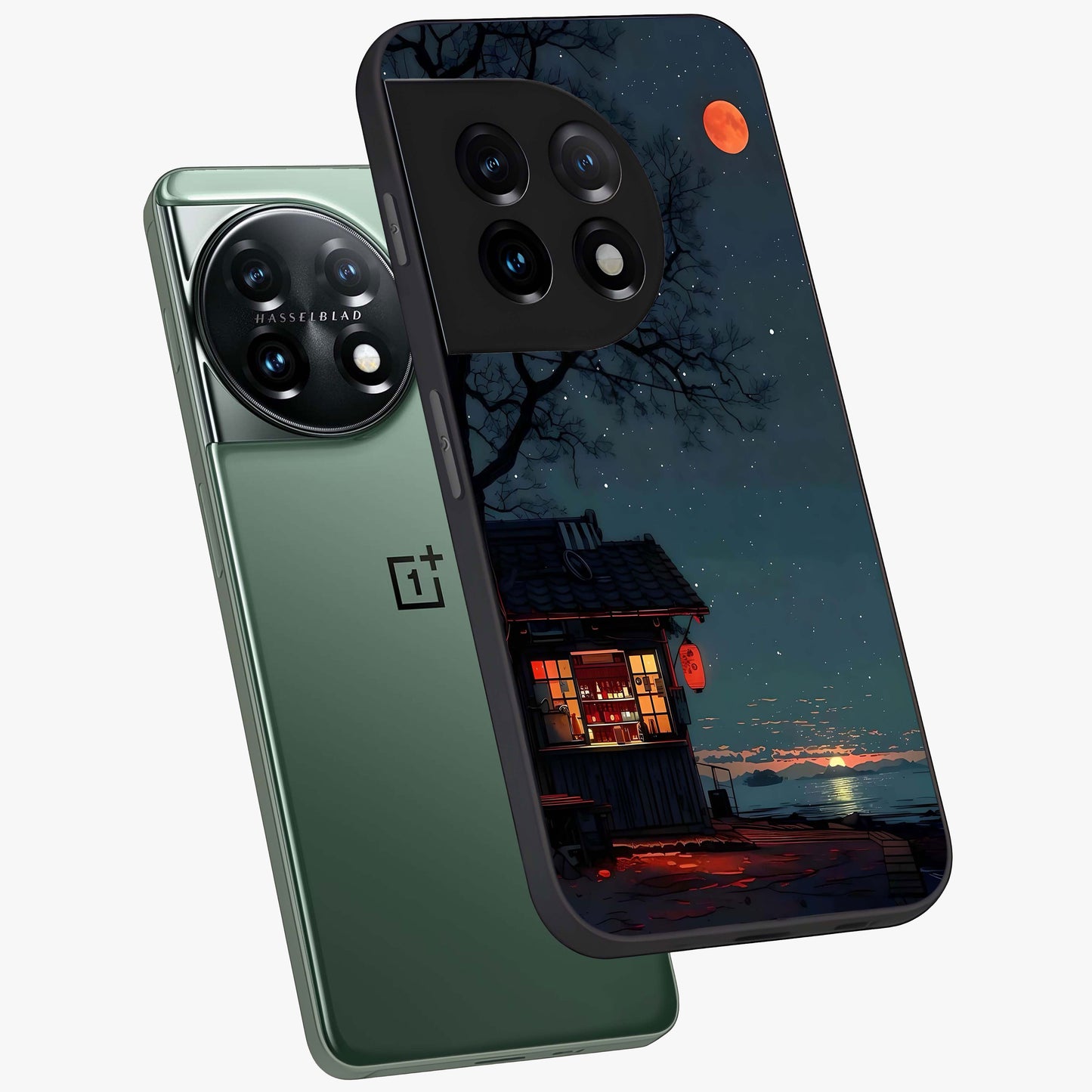 Midnight Lantern Glow Glass Case for 1+11 angled mockup showcasing glossy finish and warm luminous tones