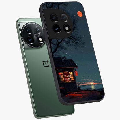 Midnight Lantern Glow Glass Case for 1+11 angled mockup showcasing glossy finish and warm luminous tones