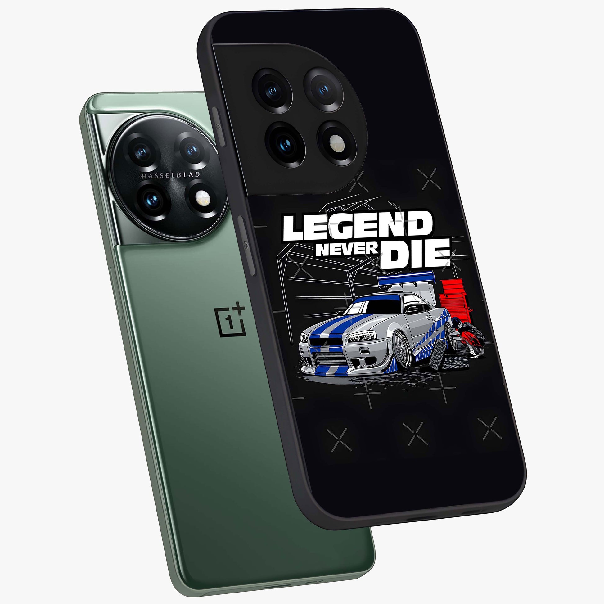 Midnight Racing Legacy Glass Case for 1+11 angled mockup showcasing glossy glass finish and dynamic motion detailing