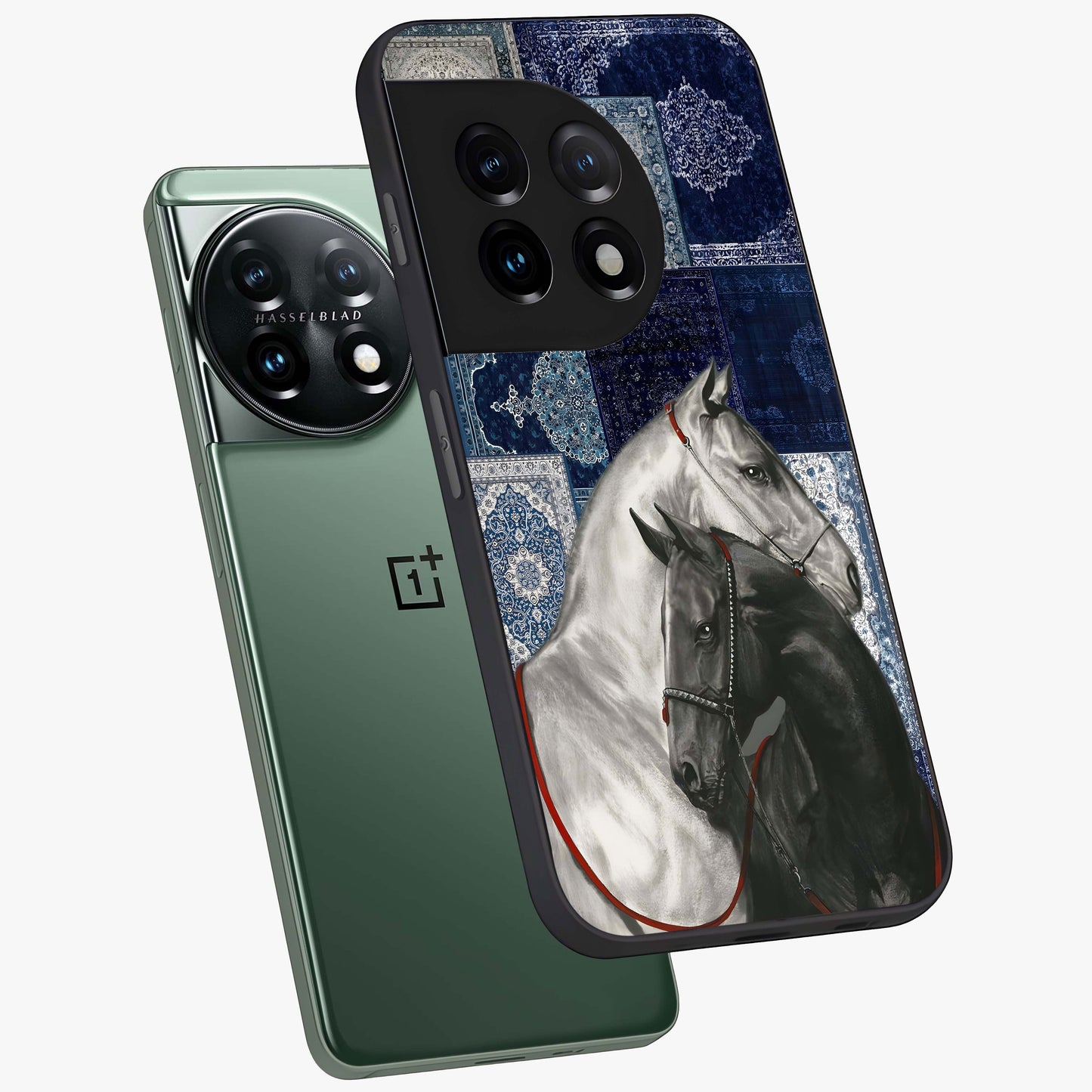 Midnight Stallion Blues Glass Case for 1+11 angled mockup showcasing glossy finish and dramatic equestrian detailing