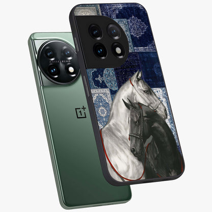 Midnight Stallion Blues Glass Case for 1+11 angled mockup showcasing glossy finish and dramatic equestrian detailing