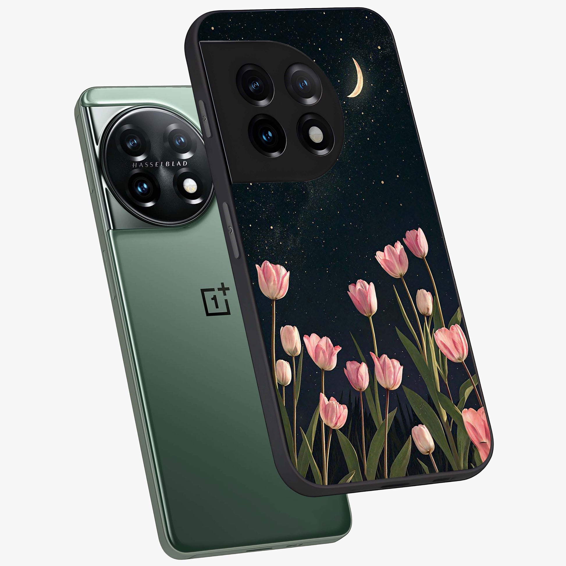 Midnight Tulip Whispers Vibe Glass Case for 1+11 angled mockup showcasing glossy finish and subtle bloom detailing