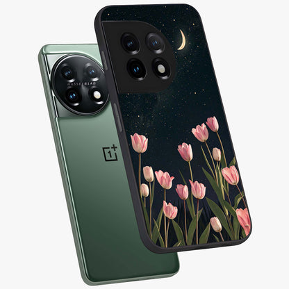 Midnight Tulip Whispers Vibe Glass Case for 1+11 angled mockup showcasing glossy finish and subtle bloom detailing