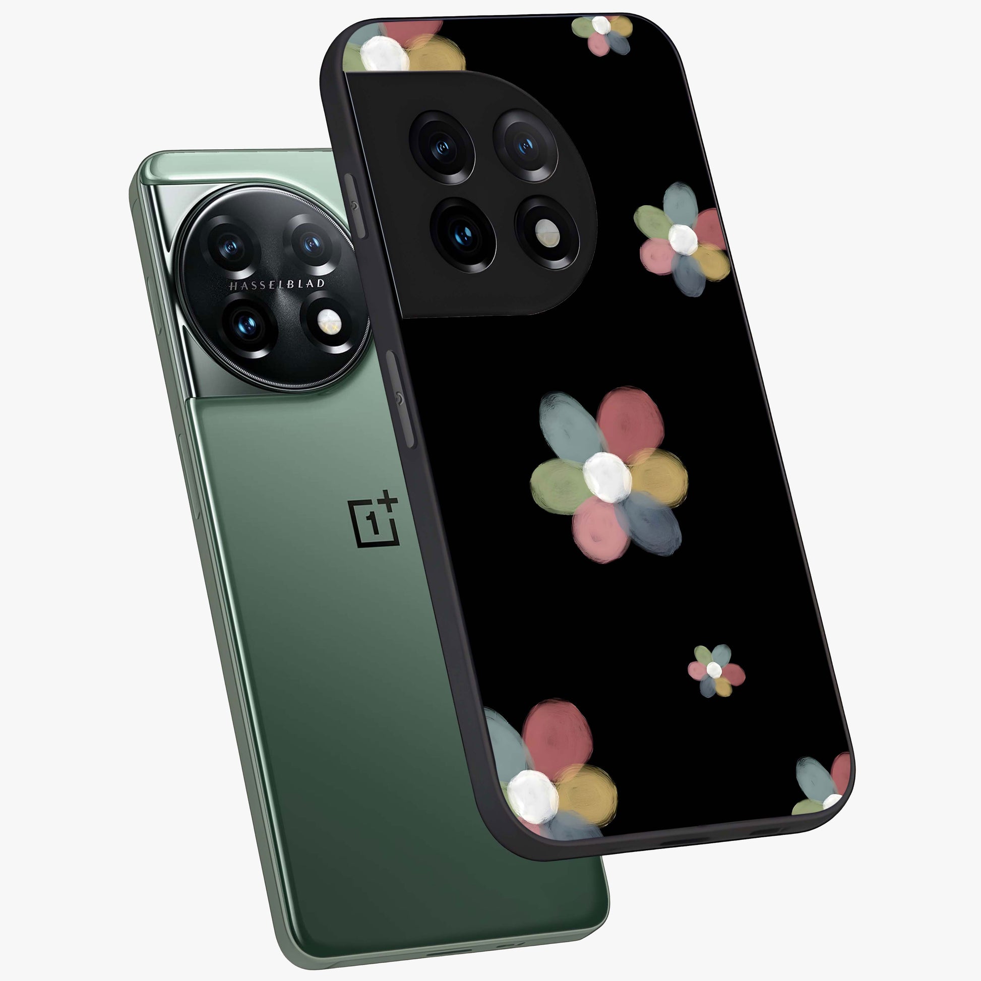 Minimal Floral Charm Glass Case for 1+11 angled mockup showcasing glossy finish and soft pastel tones