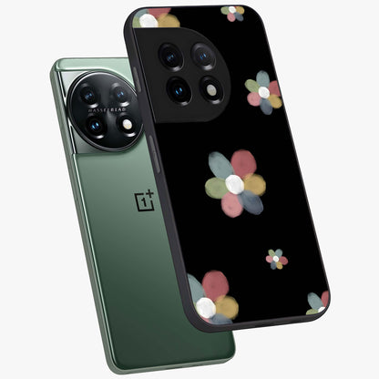 Minimal Floral Charm Glass Case for 1+11 angled mockup showcasing glossy finish and soft pastel tones