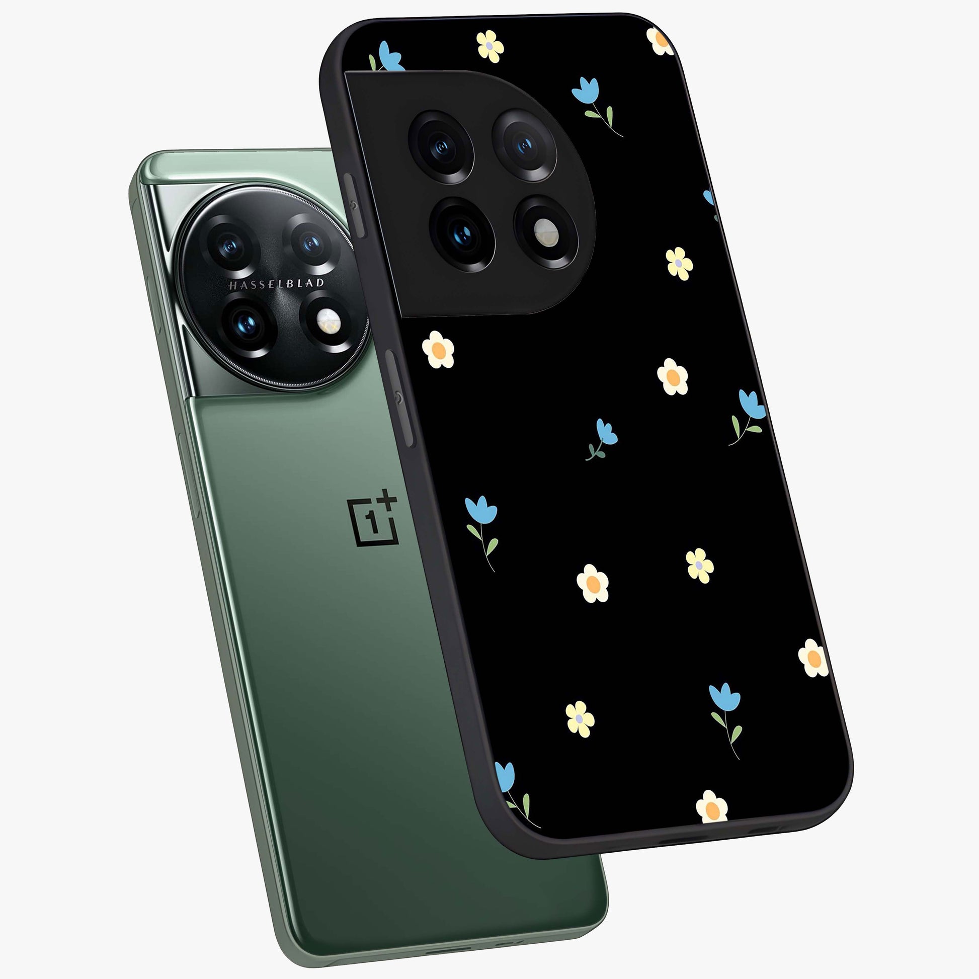 Minimalistic Blue With White Flower Pattern Glass Case for 1+11 angled mockup showcasing glossy finish and crisp clean detailing