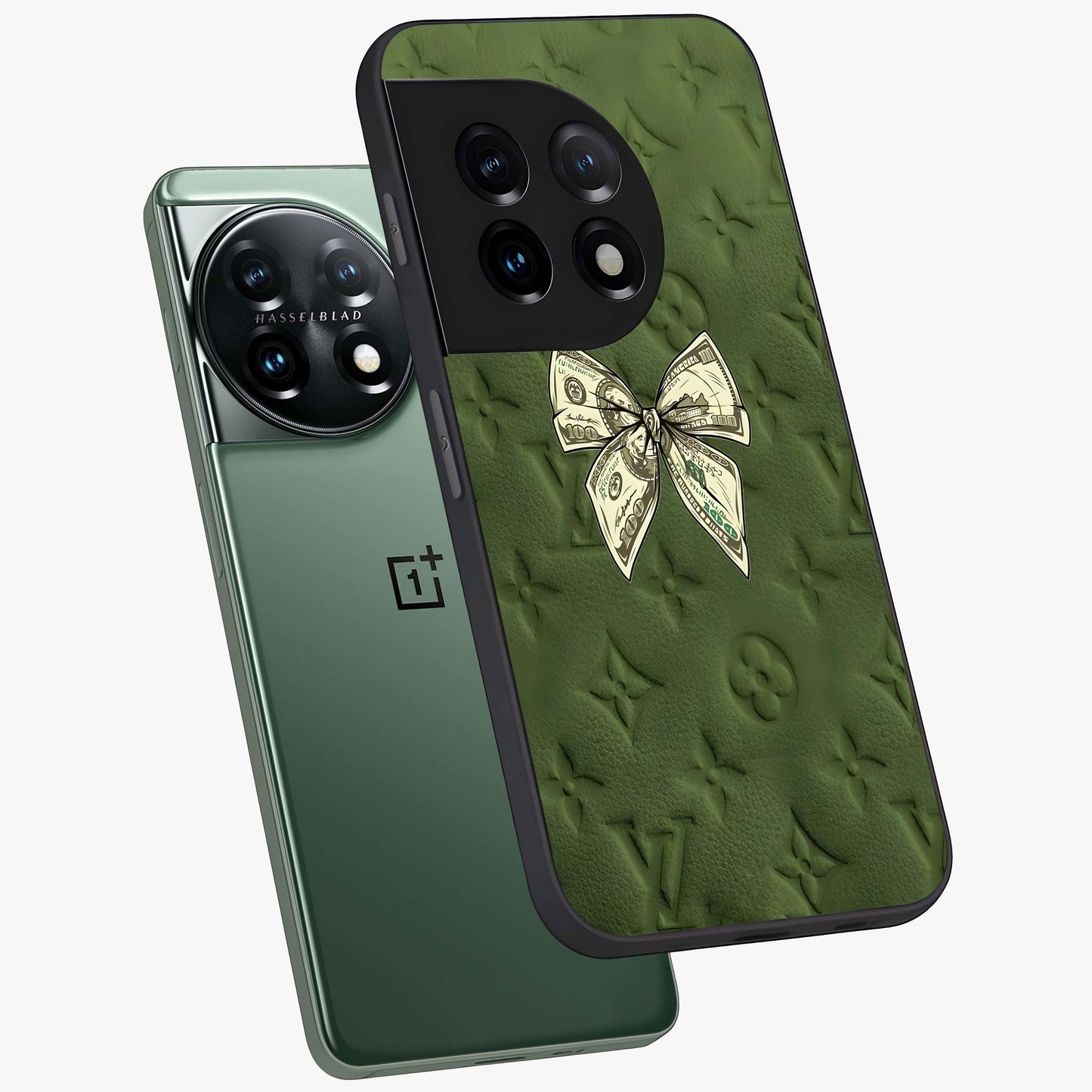 Money Bow Lv Glass Case for 1+11 angled mockup showcasing glossy finish and premium aesthetic detailing
