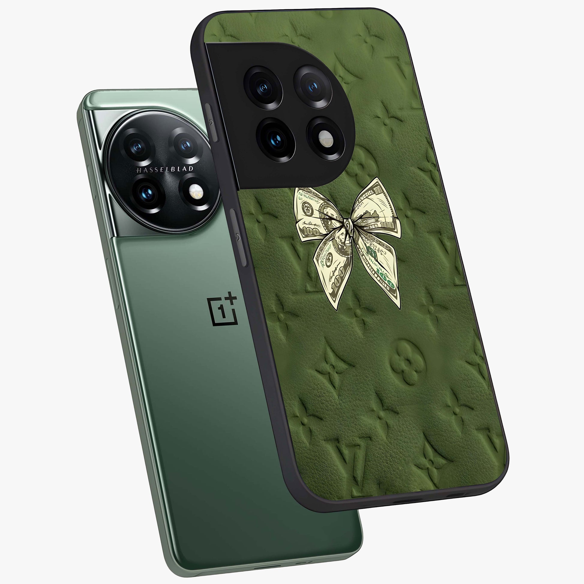 Money Bow Lv Glass Case for 1+11 angled mockup showcasing glossy finish and premium aesthetic detailing
