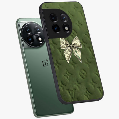 Money Bow Lv Glass Case for 1+11 angled mockup showcasing glossy finish and premium aesthetic detailing