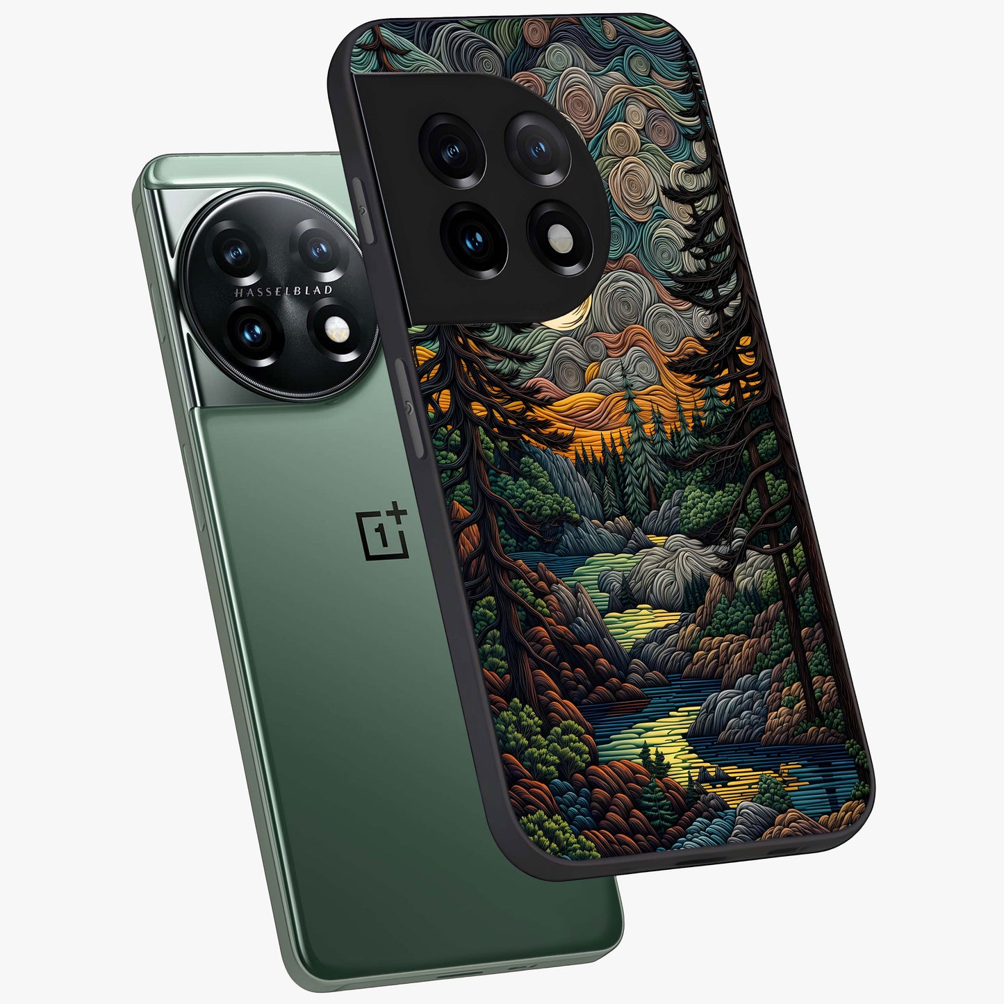 Moonlight Forest Dream Glass Case for 1+11 angled mockup showcasing glossy finish and deep night gradients