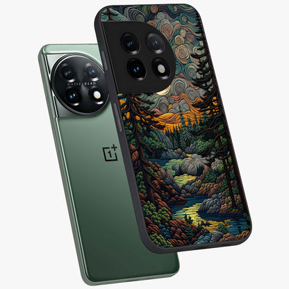 Moonlight Forest Dream Glass Case for 1+11 angled mockup showcasing glossy finish and deep night gradients
