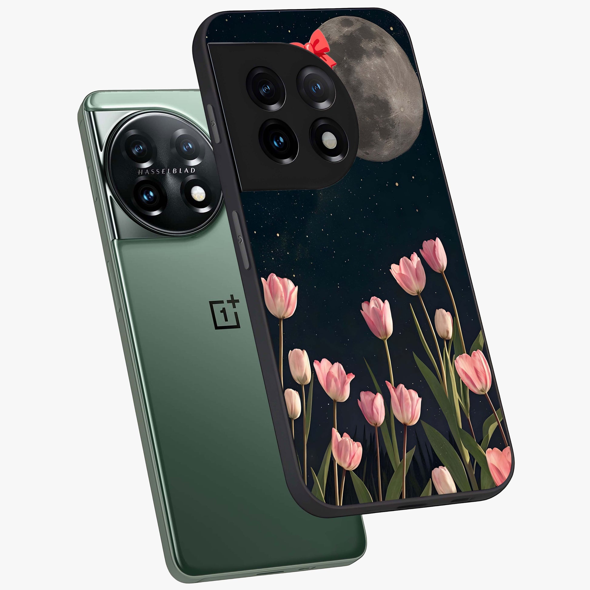 Moonlit Night Tulip Glass Case for 1+11 angled mockup showcasing glossy finish and soft luminous accents