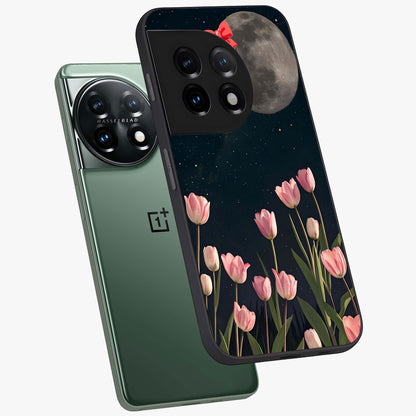 Moonlit Night Tulip Glass Case for 1+11 angled mockup showcasing glossy finish and soft luminous accents