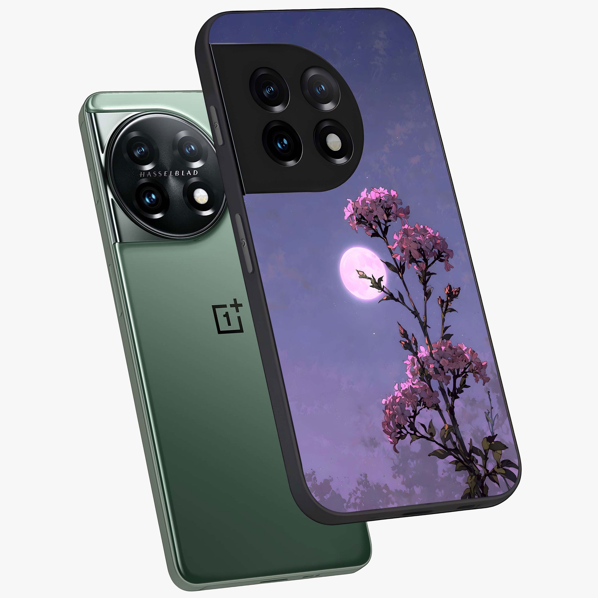 Moonlit Petal Night Glass Case for 1+11 angled mockup showcasing glossy finish and subtle moonlight detailing
