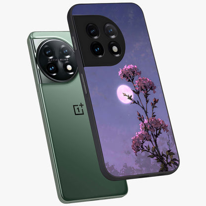 Moonlit Petal Night Glass Case for 1+11 angled mockup showcasing glossy finish and subtle moonlight detailing