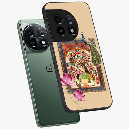 Mughal Princess and Peacock Glass Case for 1+11 angled mockup showcasing glossy finish and rich heritage tones