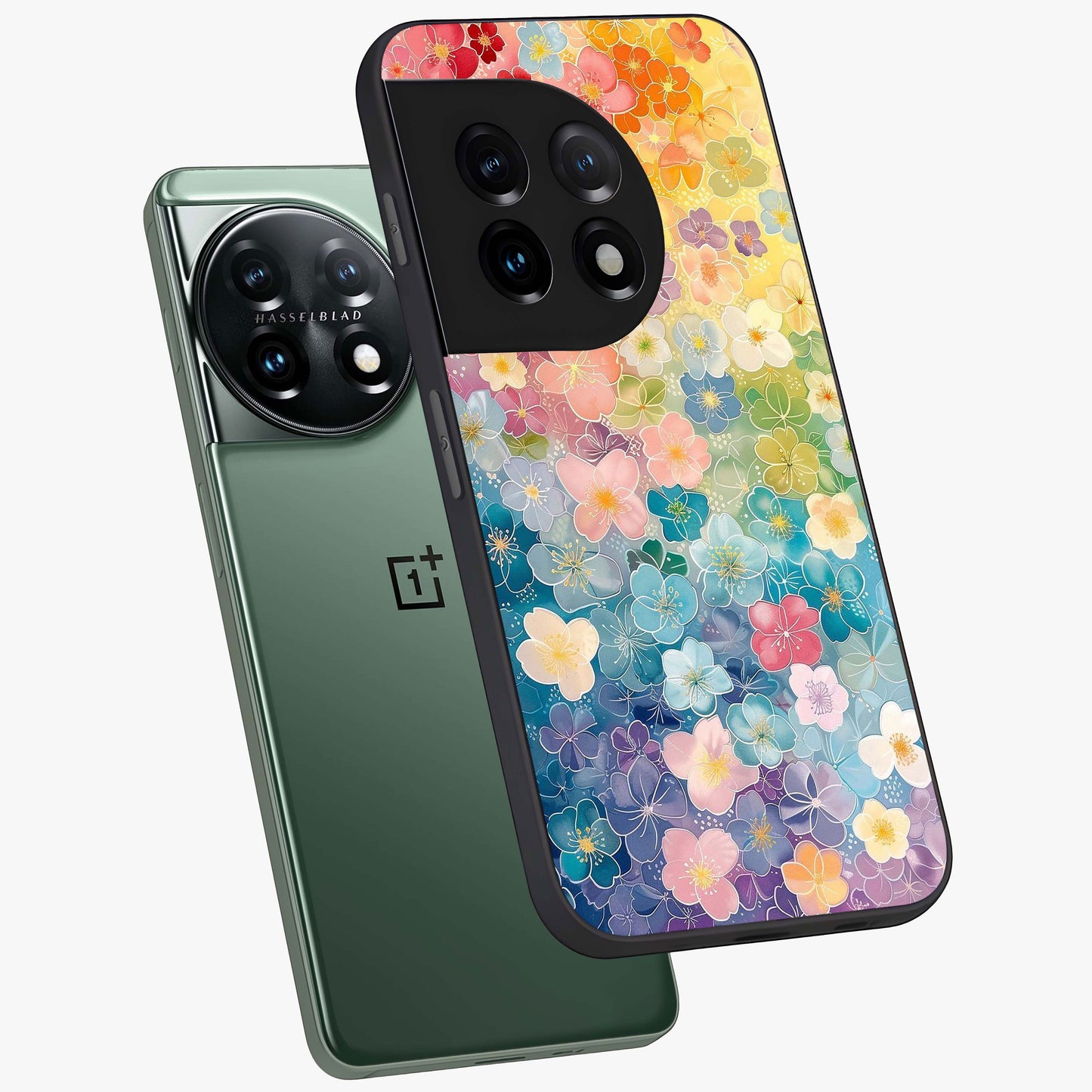 Multiple Background With Flower Glass Case for 1+11 angled mockup showcasing glossy glass finish and colorful detailing