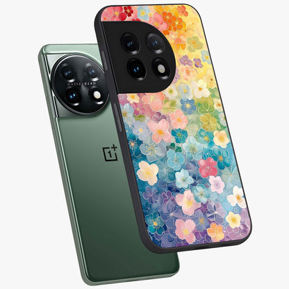 Multiple Background With Flower Glass Case for 1+11 angled mockup showcasing glossy glass finish and colorful detailing