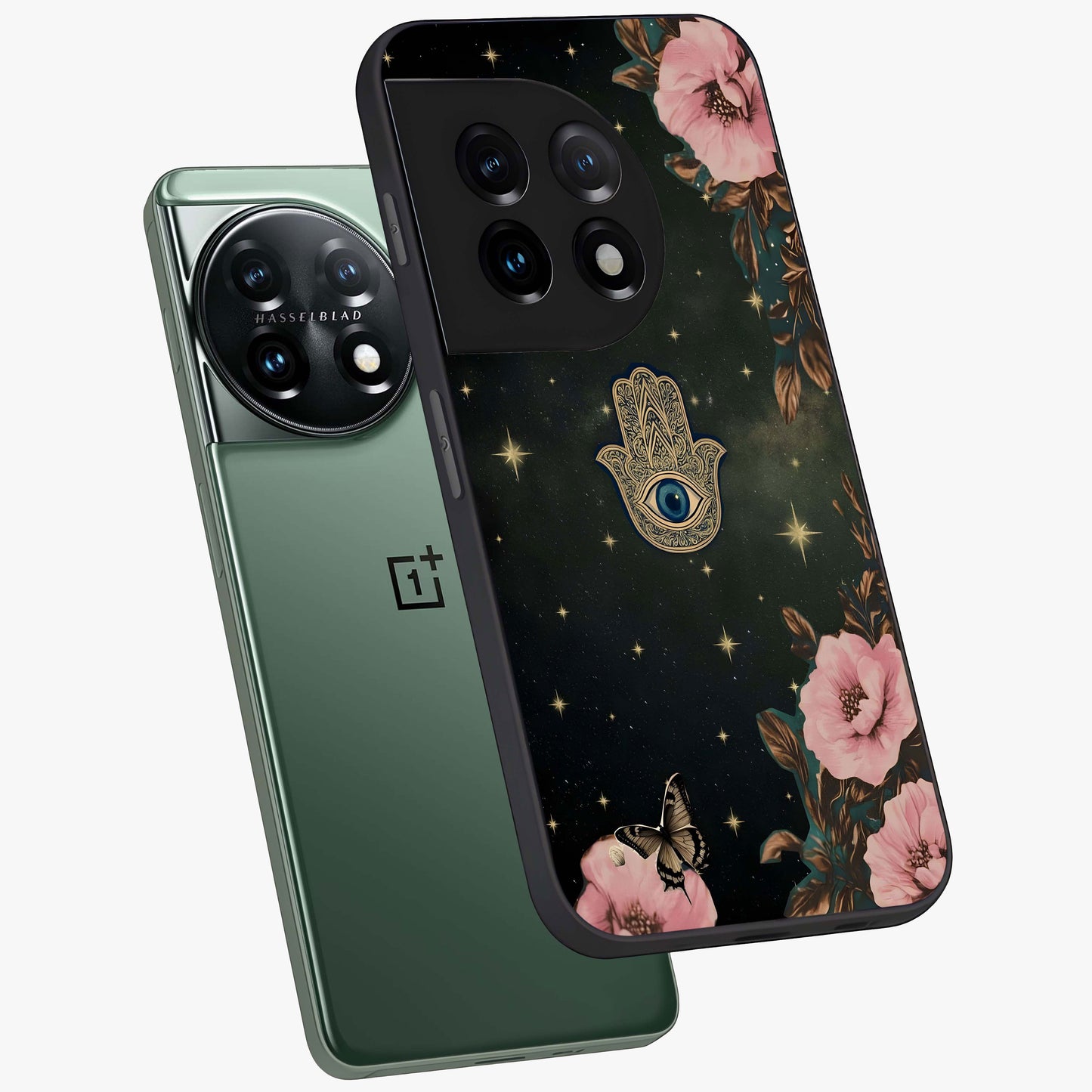 Mystic Bloom Protection Glass Case for 1+11 angled mockup showcasing glossy finish and vibrant spiritual tones