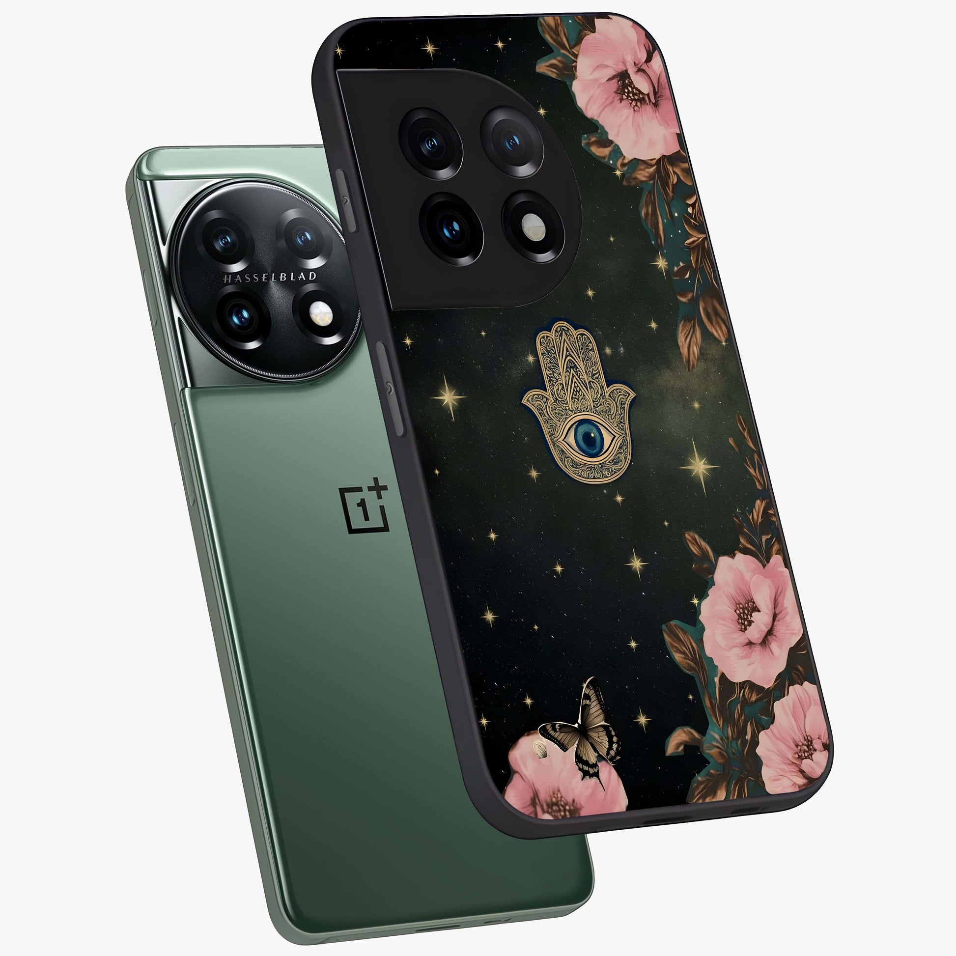 Mystic Bloom Protection Glass Case for 1+11 angled mockup showcasing glossy finish and vibrant spiritual tones