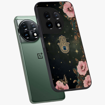 Mystic Bloom Protection Glass Case for 1+11 angled mockup showcasing glossy finish and vibrant spiritual tones