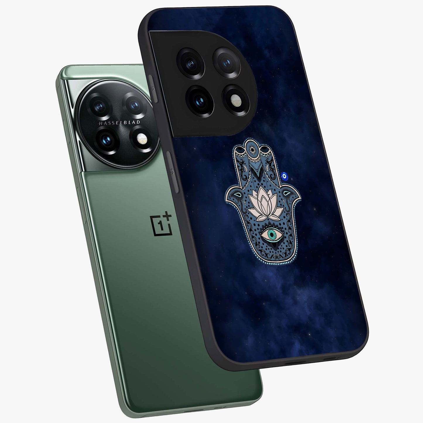 Mystic Calm Shield Glass Case for 1+11 angled mockup showcasing glossy finish and subtle mystical detailing