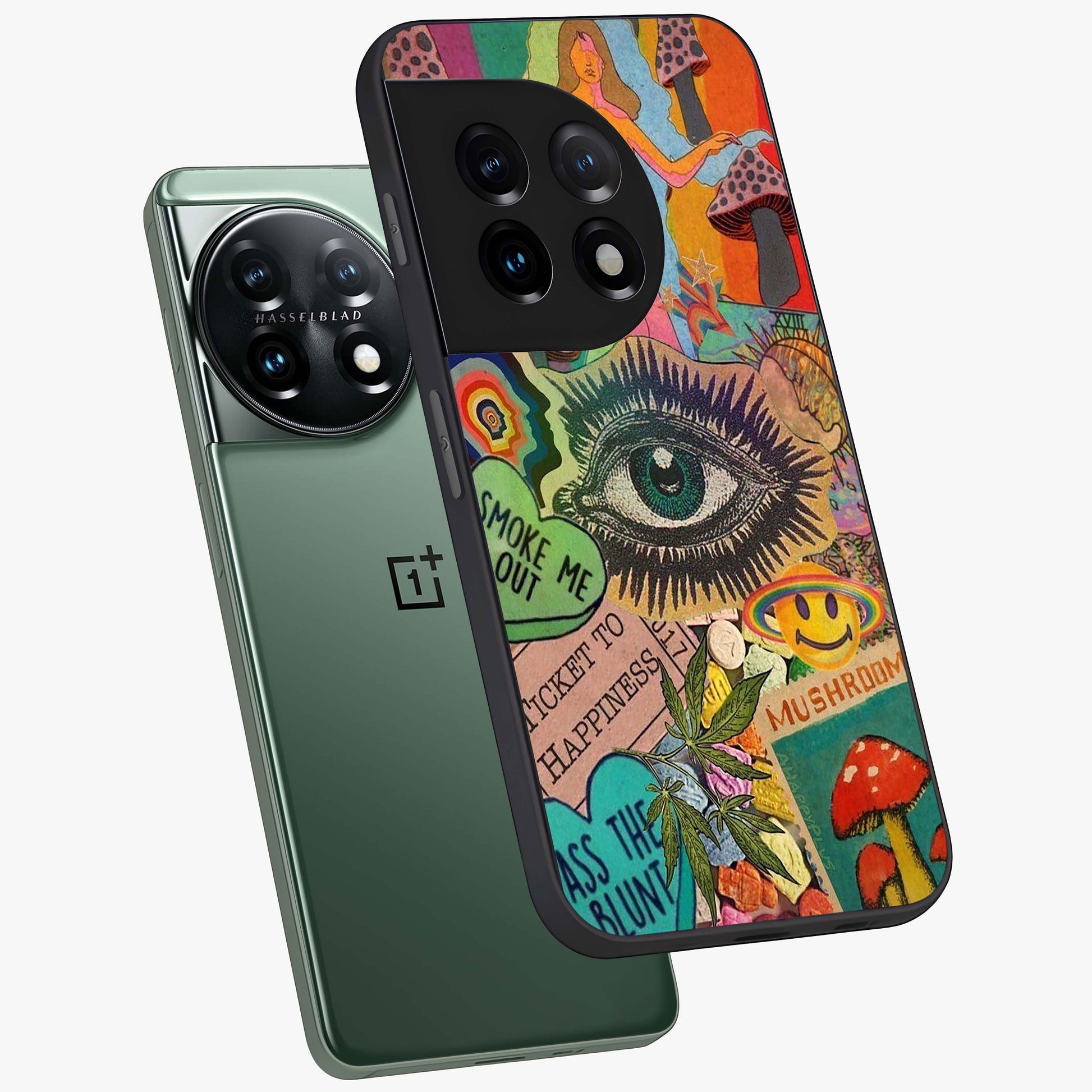 Mystic Eye Wonderland Glass Case for 1+11 angled mockup showcasing glossy finish and vibrant cosmic tones