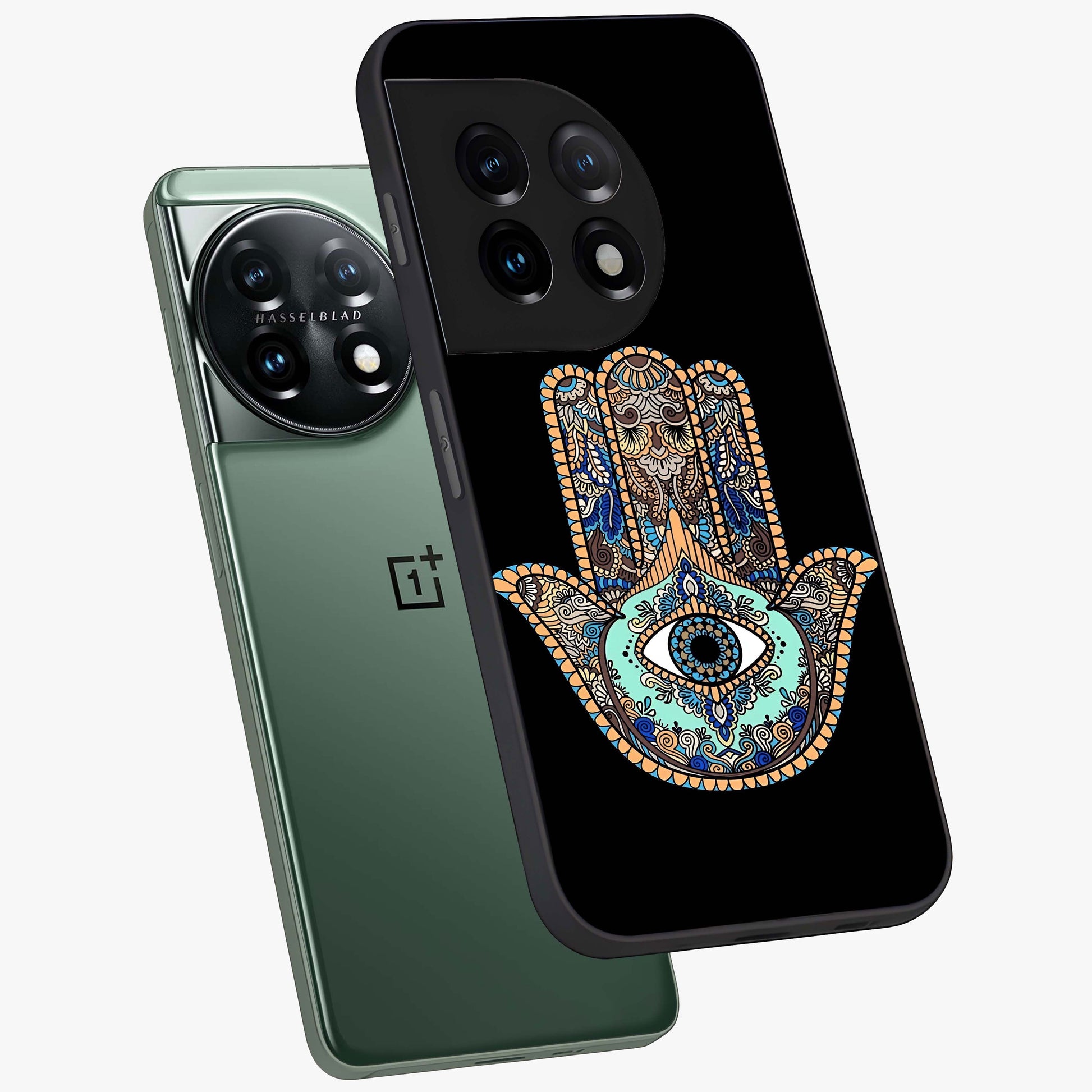 Mystic Hamsa Eye Glass Case for 1+11 angled mockup showcasing glossy finish and protective design elements