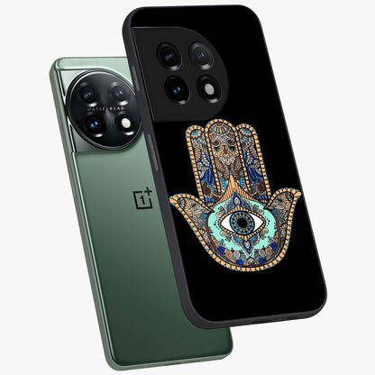 Mystic Hamsa Eye Glass Case for 1+11 angled mockup showcasing glossy finish and protective design elements
