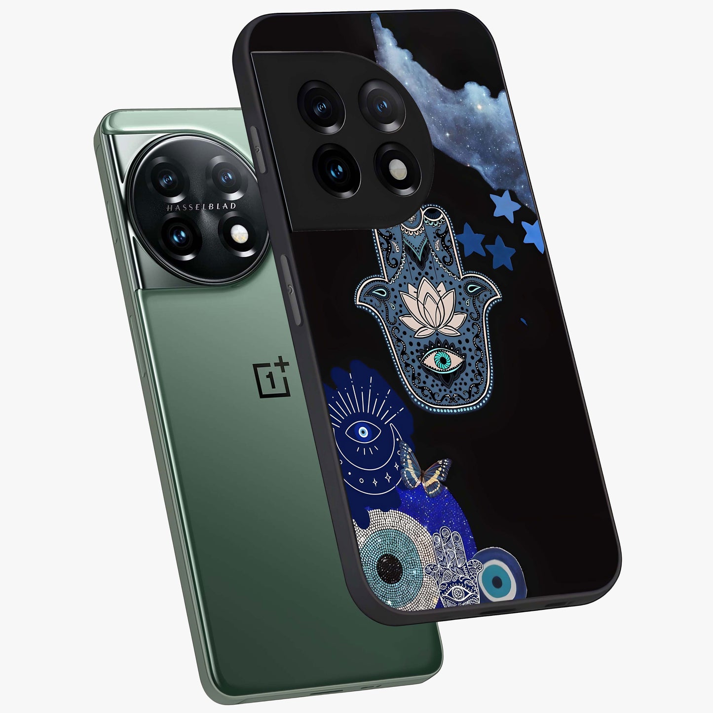 Mystic Hand Aura Glass Case for 1+11 angled mockup showcasing glossy finish and radiant mystical detailing