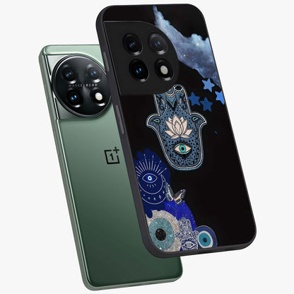 Mystic Hand Aura Glass Case for 1+11 angled mockup showcasing glossy finish and radiant mystical detailing