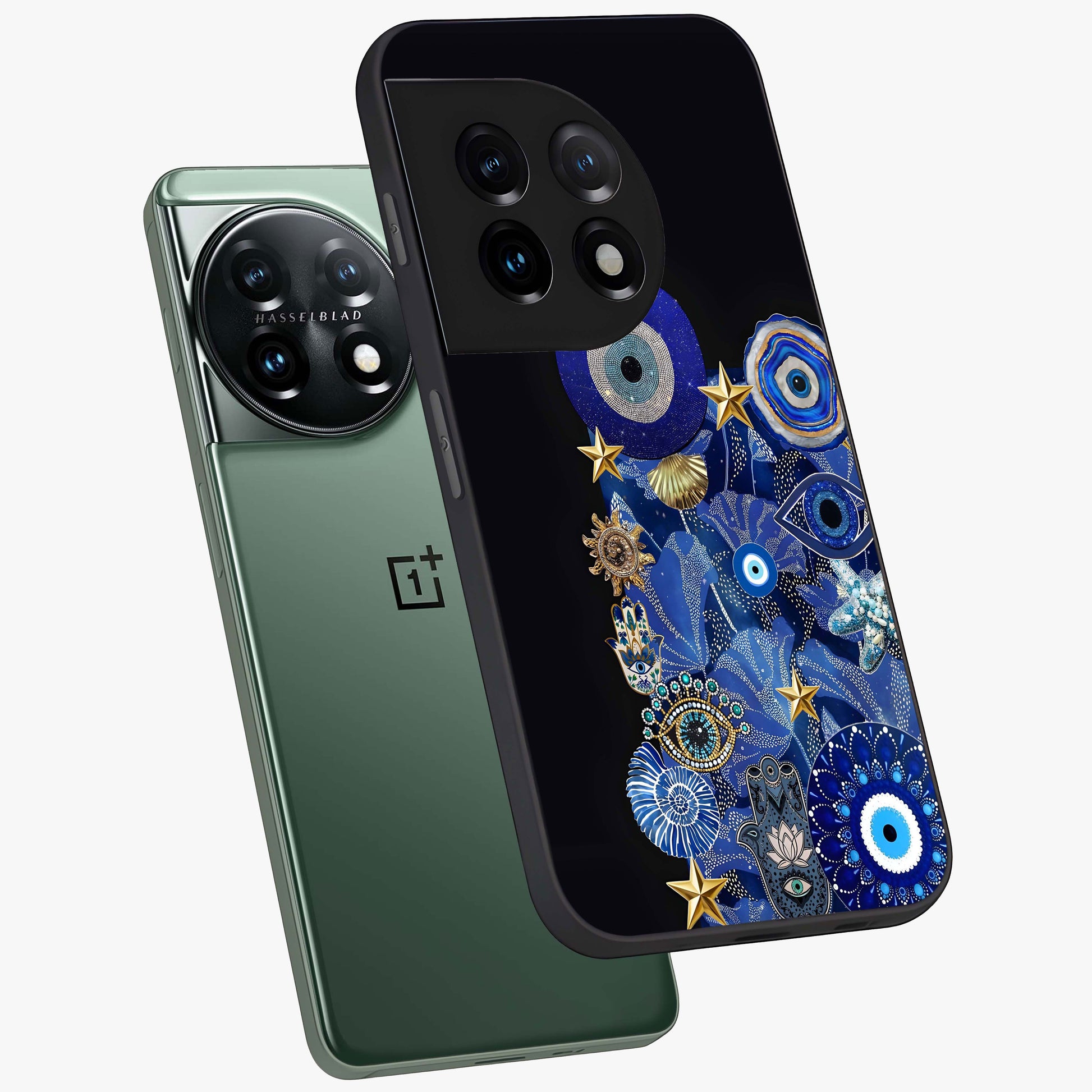 Mystic Ocean Eye Glass Case for 1+11 angled mockup showcasing glossy finish and fluid wave detailing
