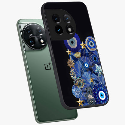 Mystic Ocean Eye Glass Case for 1+11 angled mockup showcasing glossy finish and fluid wave detailing