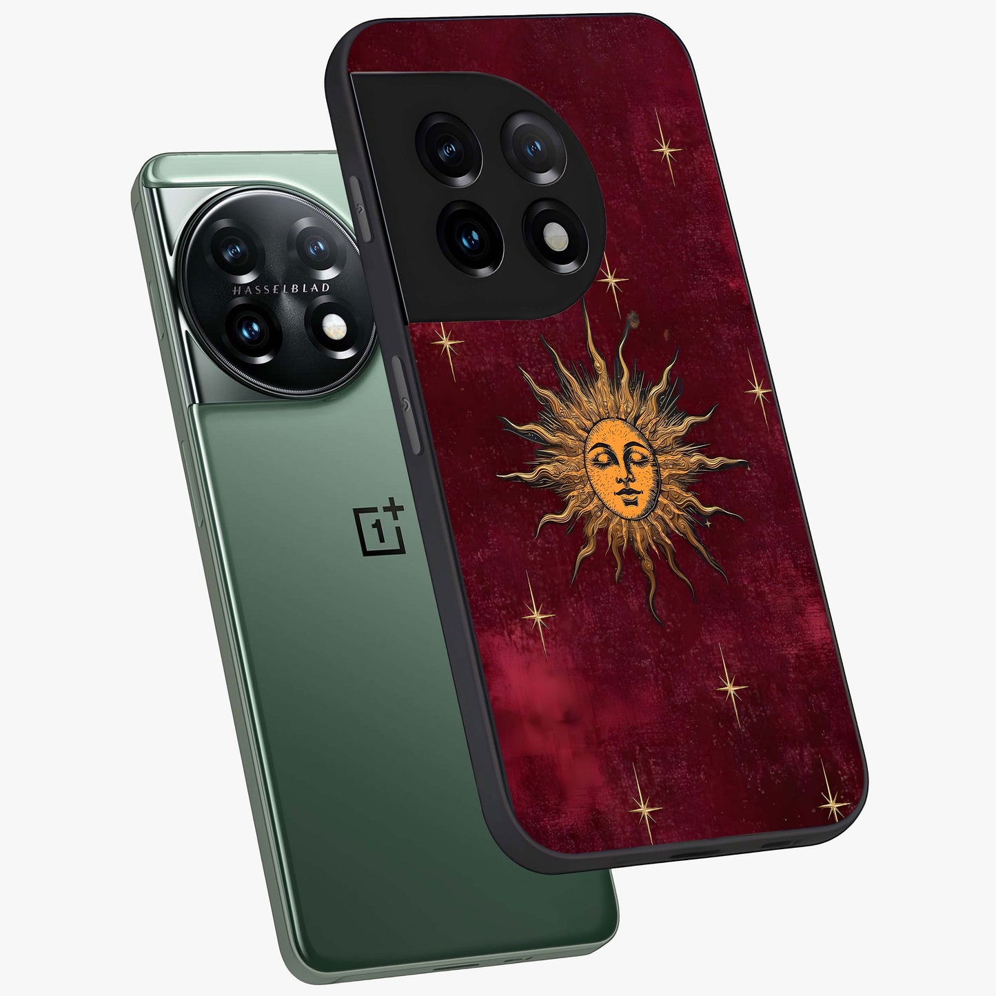 Mystic Solar Glow Glass Case for 1+11 angled mockup showcasing glossy glass finish and warm golden tones