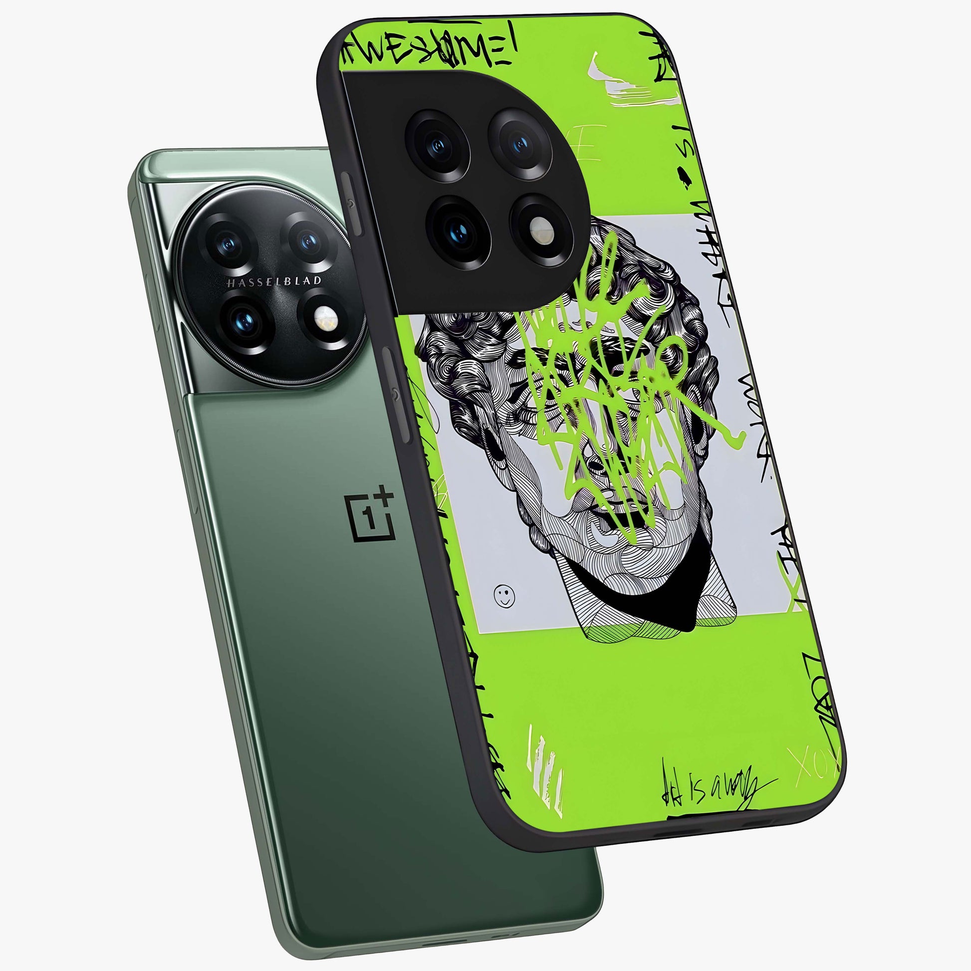Neo Graffiti Rebellion Glass Case for 1+11 angled mockup showcasing glossy finish and urban neon detailing