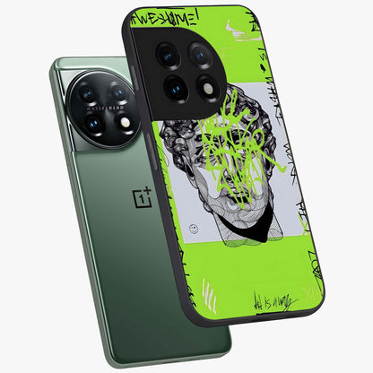 Neo Graffiti Rebellion Glass Case for 1+11 angled mockup showcasing glossy finish and urban neon detailing